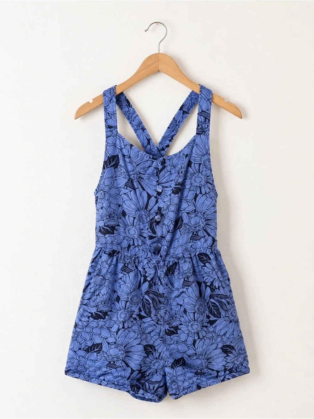 Haute Hippie Girls Blue Floral Romper Boho Sleeveless Button Front Size 7/8